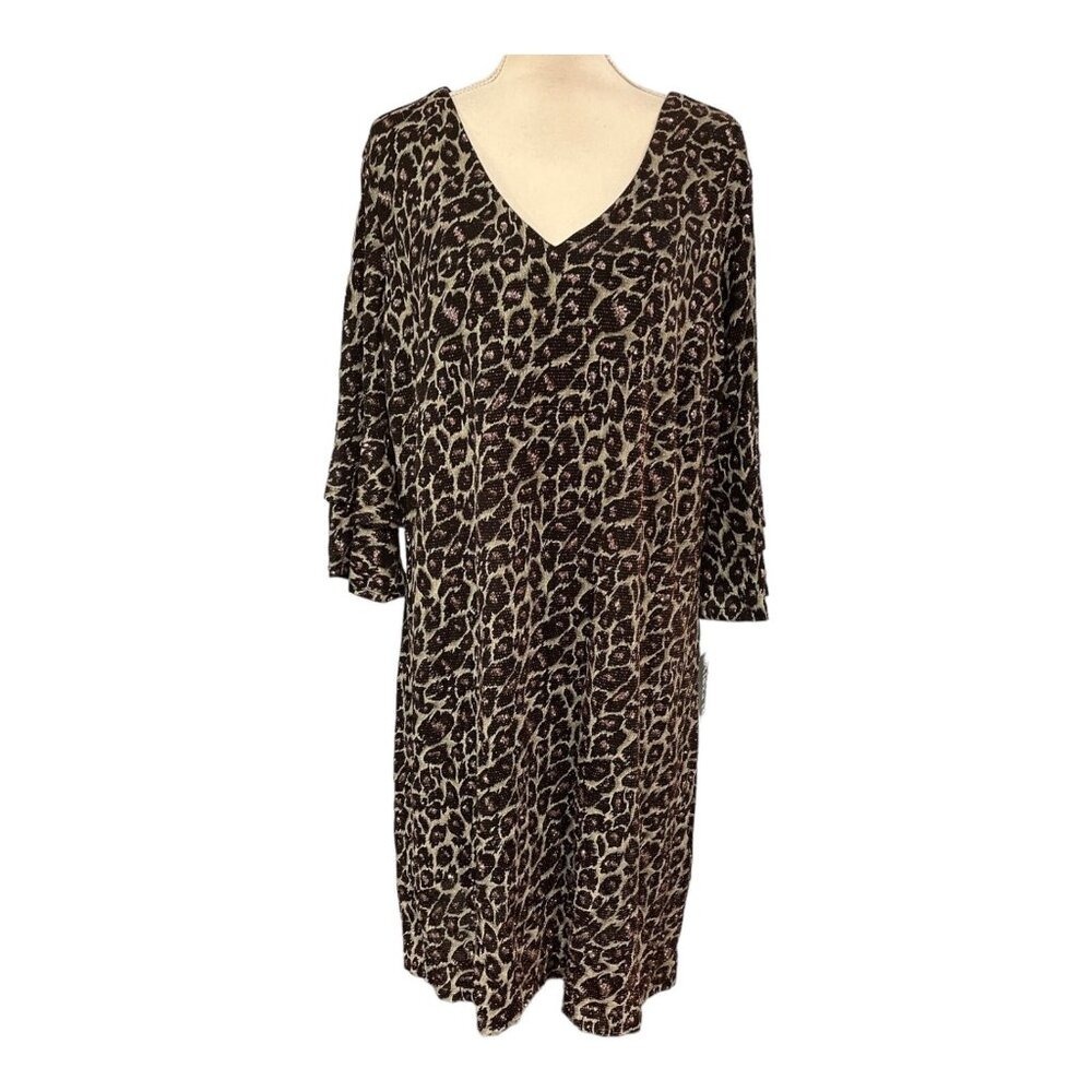 Alex B Nites Dress Black‎ Metallic Leopard Print Mesh Jersey Knit Midi Size 20W